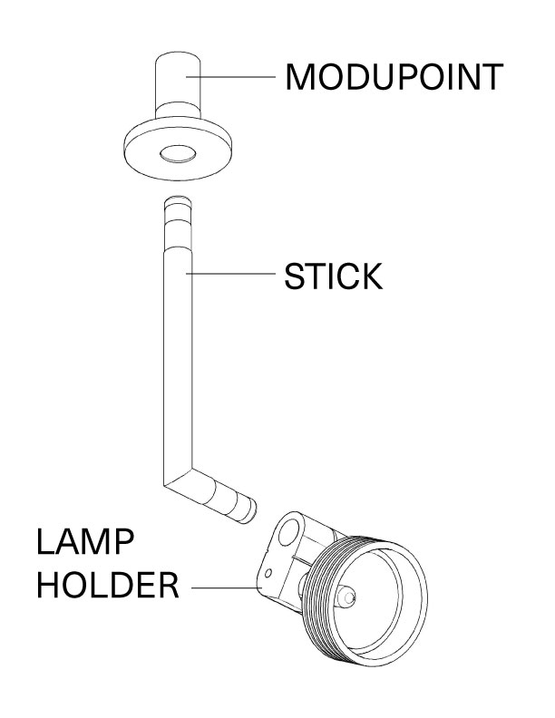 Typical plug-in fixture configuration with a Modupoint, stick, and lamp holder